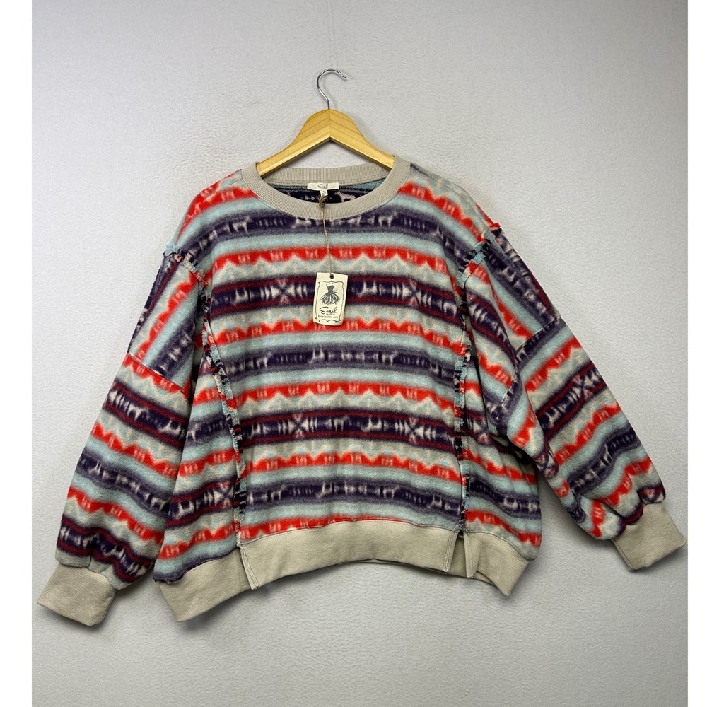 Southwestern Boho Easel Womens Small Fleece Oversized Pullover Fair isle Cozy
